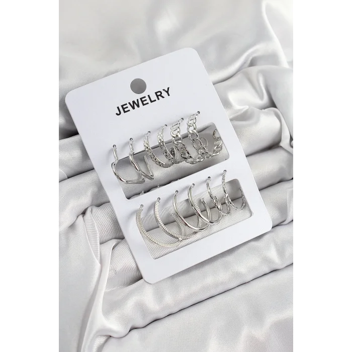 BUĞZ Pirinç Karışık Halka Model Gümüş Renk 6 Çift Kadın Küpe Set