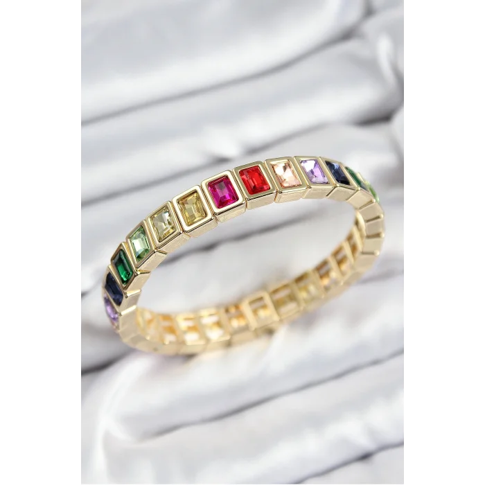 BUĞZ Pirinç Karışık Zirkon Taşlı Dikdörtgen Model Gold Renk Lastikli Kadın Bileklik