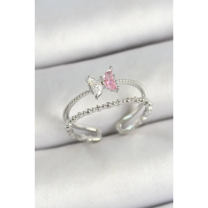 BUĞZ Pirinç Kelebek Figürlü Zirkon Taşlı Gümüş Renk Ayarlanabilir Kadın Yüzük