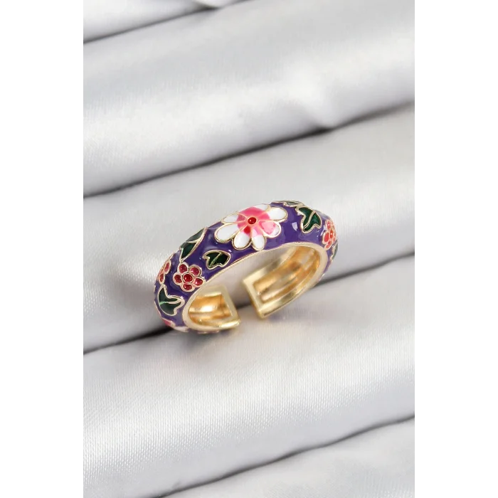 BUĞZ Pirinç Mor Mineli Çiçek Motifli Gold Renk Ayarlanabilir Kadın Yüzük