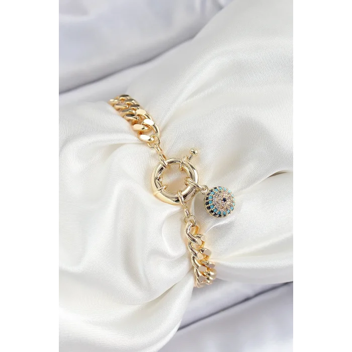 BUĞZ Pirinç Nazar Model Zirkon Taşlı Gold Renk VİP Seri Kadın Bileklik