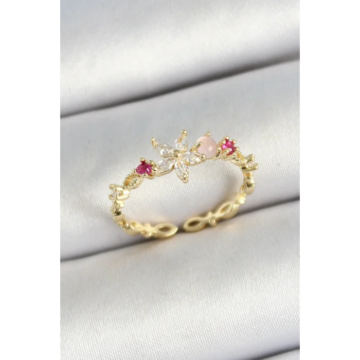 BUĞZ Pirinç Papatya Figürlü Zirkon Taşlı Gold Renk Ayarlanabilir Kadın Yüzük