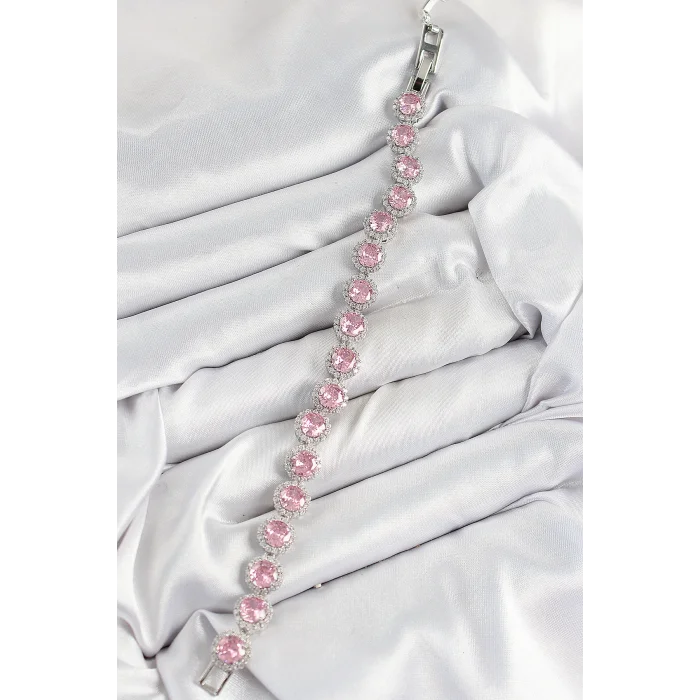 BUĞZ Pirinç Pembe Zirkon Taşlı Daire Baget Model Gümüş Renk VIP Seri Kadın Bileklik - Lisinya