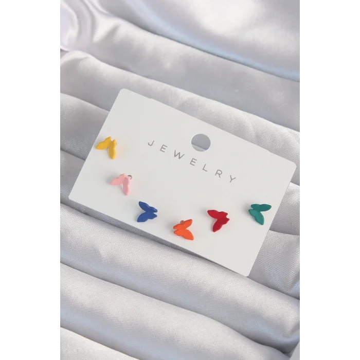 BUĞZ Pirinç Rengarenk Mineli Minimal Kelebek Küpe Seti