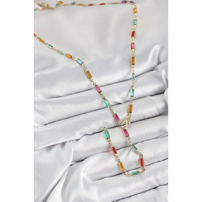 BUĞZ Pirinç Renkli Zirkon Taşlı Dikdörtgen Model Gold Renk Kadın Y Kolye - Lisinya