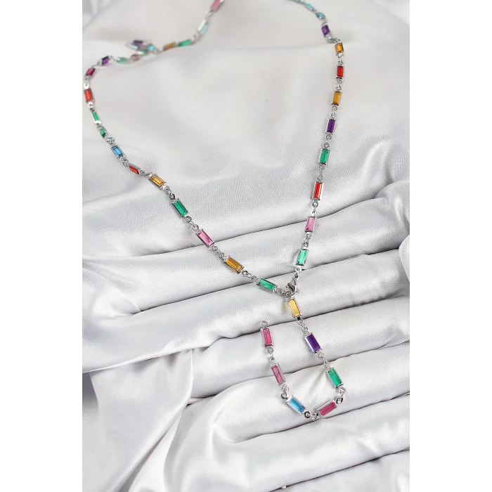 BUĞZ Pirinç Renkli Zirkon Taşlı Dikdörtgen Model Gümüş Renk Kadın Y Kolye - Lisinya