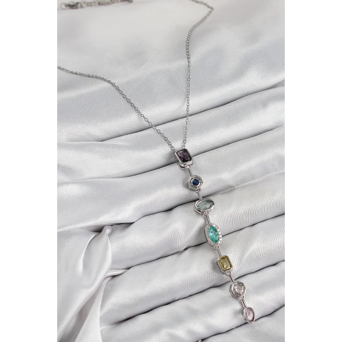 BUĞZ Pirinç Renkli Zirkon Taşlı Model Gümüş Renk 7 Element Kadın Y Kolye