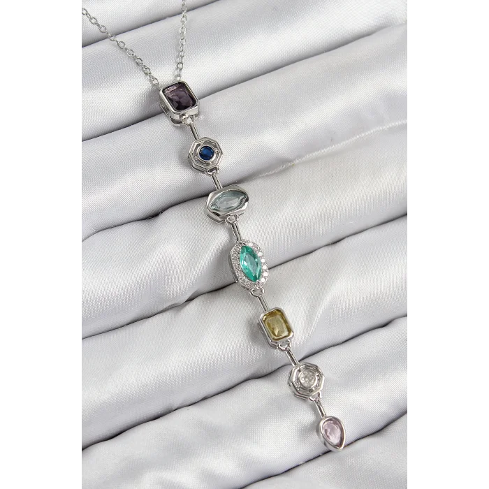 BUĞZ Pirinç Renkli Zirkon Taşlı Model Gümüş Renk 7 Element Kadın Y Kolye - Lisinya