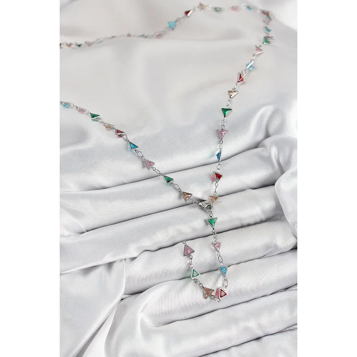 BUĞZ Pirinç Renkli Zirkon Taşlı Üçgen Model Gümüş Renk Kadın Y Kolye - Lisinya