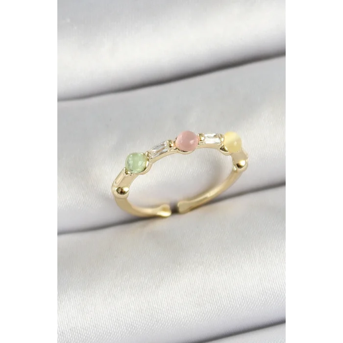 BUĞZ Pirinç Sıralı Boncuk Figürlü Zirkon Taşlı Gold Renk Ayarlanabilir Kadın Yüzük