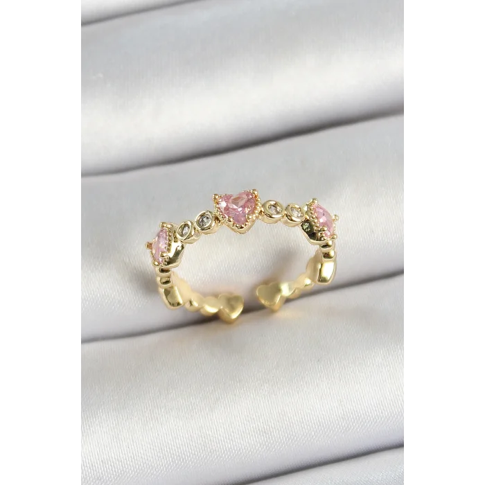 BUĞZ Pirinç Sıralı Kalp Figürlü Zirkon Taşlı Gold Renk Ayarlanabilir Kadın Yüzük