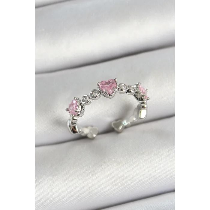 BUĞZ Pirinç Sıralı Kalp Figürlü Zirkon Taşlı Gümüş Renk Ayarlanabilir Kadın Yüzük