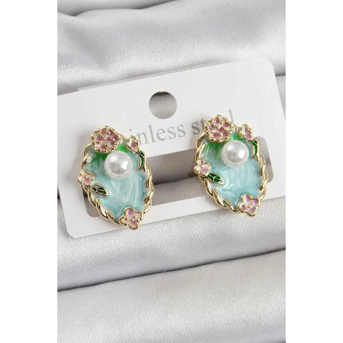 BUĞZ Pirinç Yeşil Mineli İnci Detaylı Sanatsal Portre Model Gold Renk Kadın Küpe