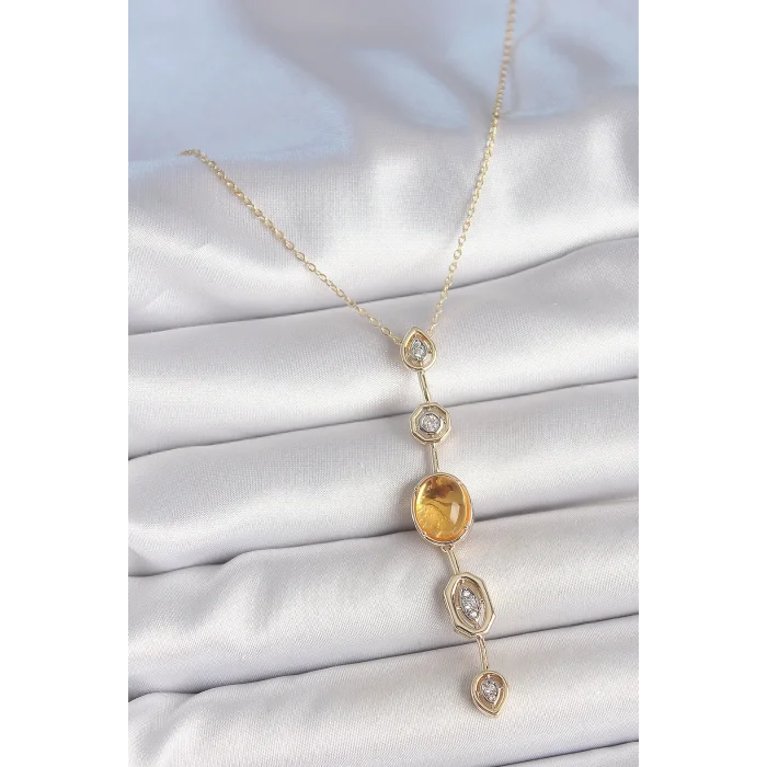 BUĞZ Pirinç Zincir Kehribar Sarı Gold Renk  Zirkon Taşlı Y Kolye
