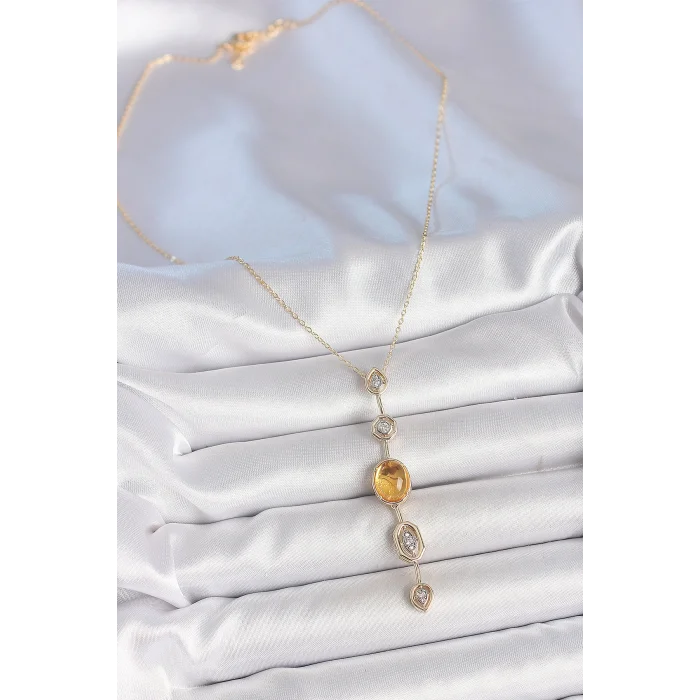 BUĞZ Pirinç Zincir Kehribar Sarı Gold Renk  Zirkon Taşlı Y Kolye - BUĞZ