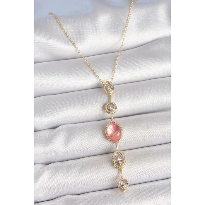 BUĞZ Pirinç Zincir Pembe Gold Renk Zirkon Taşlı Y Kolye