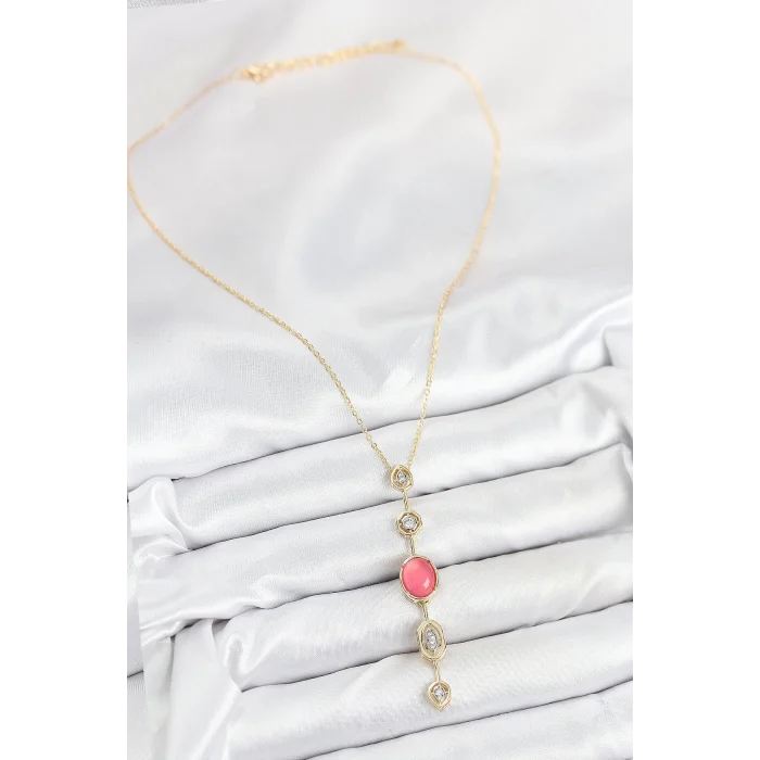 BUĞZ Pirinç Zincir Pembe Gold Renk Zirkon Taşlı Y Kolye