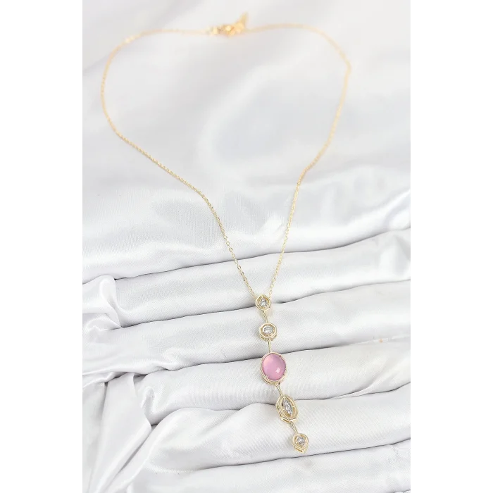 BUĞZ Pirinç Zincir Pembe Gold Renk Zirkon Taşlı Y Kolye