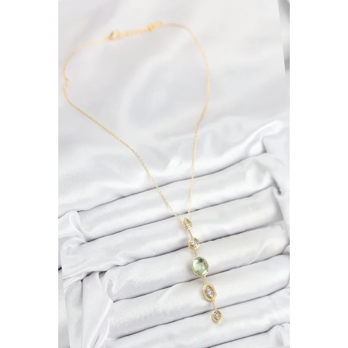 BUĞZ Pirinç Zincir Yeşil Gold Renk Zirkon Taşlı Y Kolye