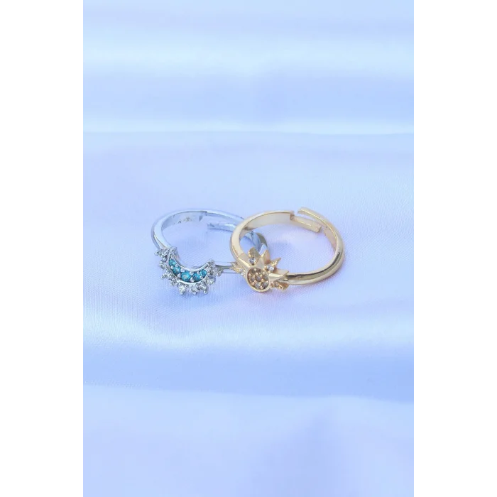 BUĞZ Pirinç Zirkon Taşlı 2li Ayarlanabilir Arkadaş Yüzüğü