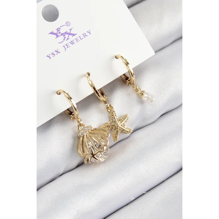 BUĞZ Pirinç Zirkon Taşlı 3lü İstiridye Ve Yıldız Model Gold Renk Kadın Küpe