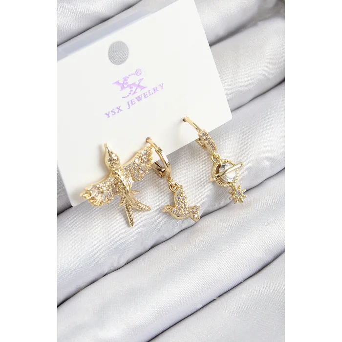 BUĞZ Pirinç Zirkon Taşlı 3lü Kuş Model Gold Renk Kadın Küpe