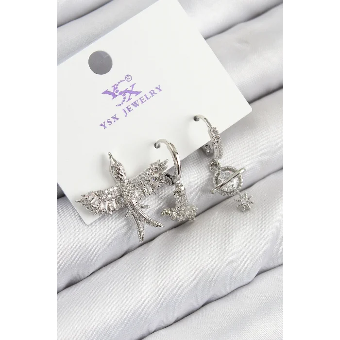 BUĞZ Pirinç Zirkon Taşlı 3lü Kuş Model Gümüş Renk Kadın Küpe