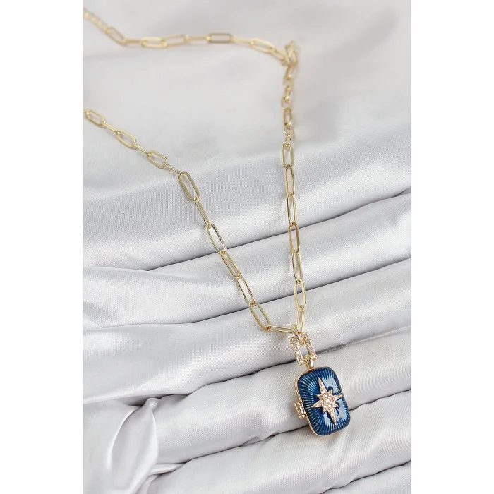 BUĞZ Pirinç Zirkon Taşlı Açılabilir Kutup Yıldızı Model Gold Renk Kadın Kolye - Lisinya