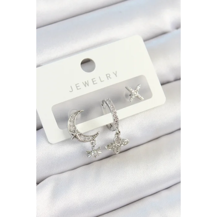 BUĞZ Pirinç Zirkon Taşlı Çiçek Ve Ay Model Gümüş Renk 3lü Çift Kadın Küpe Set