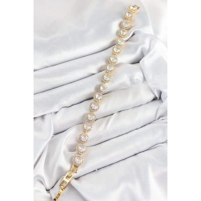 BUĞZ Pirinç Zirkon Taşlı Daire Baget Model Gold Renk VIP Seri Kadın Bileklik - Lisinya