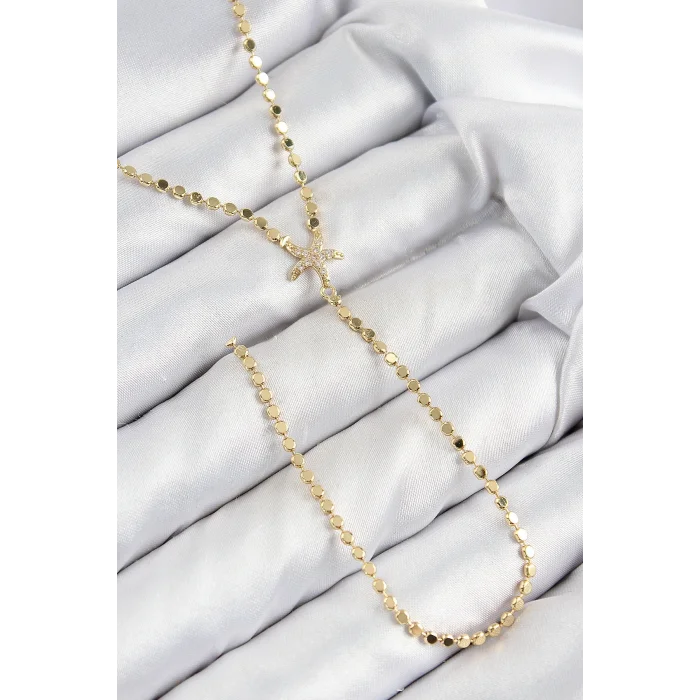 BUĞZ Pirinç Zirkon Taşlı Ezme Zincirli Deniz Yıldızı Model Gold Renk Y Kolye