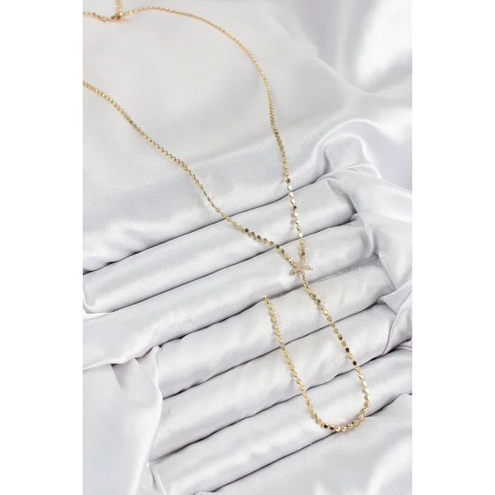 BUĞZ Pirinç Zirkon Taşlı Ezme Zincirli Deniz Yıldızı Model Gold Renk Y Kolye