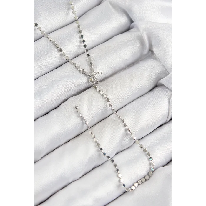 BUĞZ Pirinç Zirkon Taşlı Ezme Zincirli Deniz Yıldızı Model Gümüş Renk Y Kolye