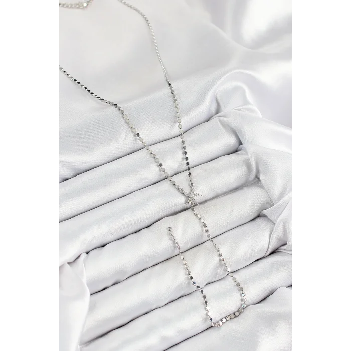 BUĞZ Pirinç Zirkon Taşlı Ezme Zincirli Deniz Yıldızı Model Gümüş Renk Y Kolye