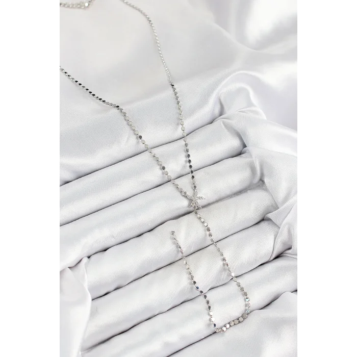 BUĞZ Pirinç Zirkon Taşlı Ezme Zincirli Deniz Yıldızı Model Gümüş Renk Y Kolye - Lisinya