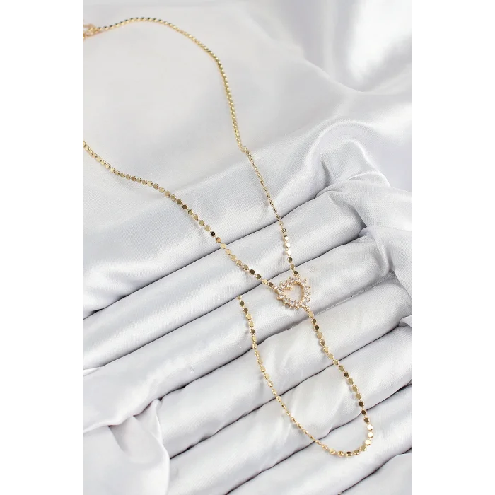 BUĞZ Pirinç Zirkon Taşlı Ezme Zincirli Kalp Model Gold Renk Y Kolye