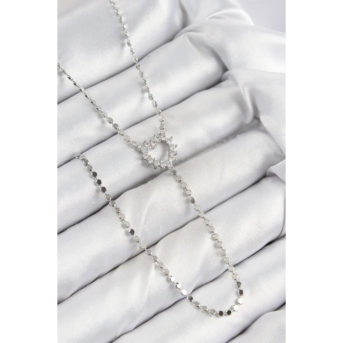 BUĞZ Pirinç Zirkon Taşlı Ezme Zincirli Kalp Model Gümüş Renk Y Kolye