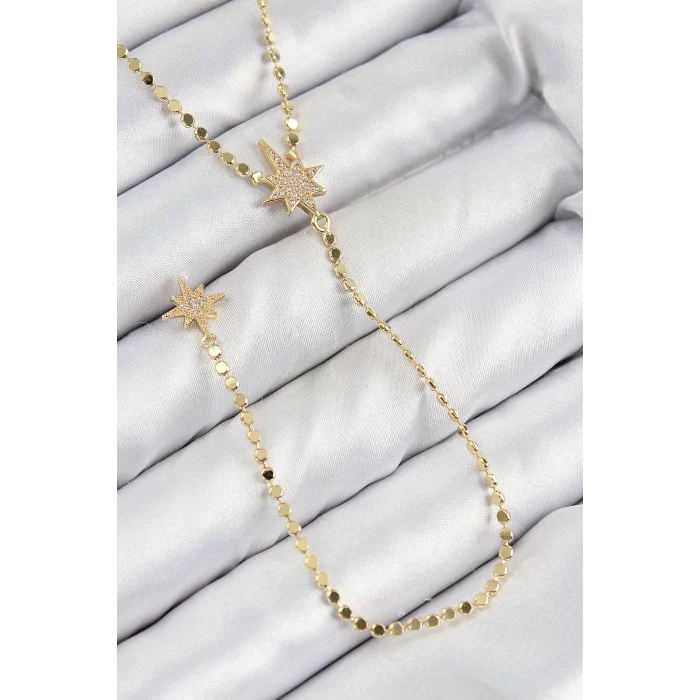 BUĞZ Pirinç Zirkon Taşlı Ezme Zincirli Kutup Yıldızı Model Gold Renk Y Kolye