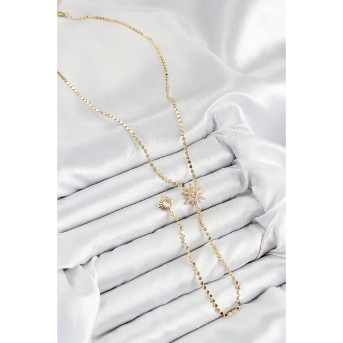 BUĞZ Pirinç Zirkon Taşlı Ezme Zincirli Kutup Yıldızı Model Gold Renk Y Kolye - Lisinya