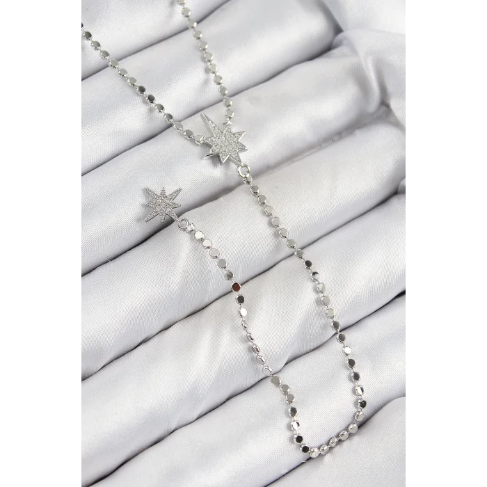 BUĞZ Pirinç Zirkon Taşlı Ezme Zincirli Kutup Yıldızı Model Gümüş Renk Y Kolye