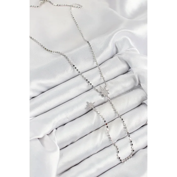 BUĞZ Pirinç Zirkon Taşlı Ezme Zincirli Kutup Yıldızı Model Gümüş Renk Y Kolye