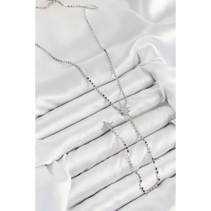 BUĞZ Pirinç Zirkon Taşlı Ezme Zincirli Kutup Yıldızı Model Gümüş Renk Y Kolye - Lisinya