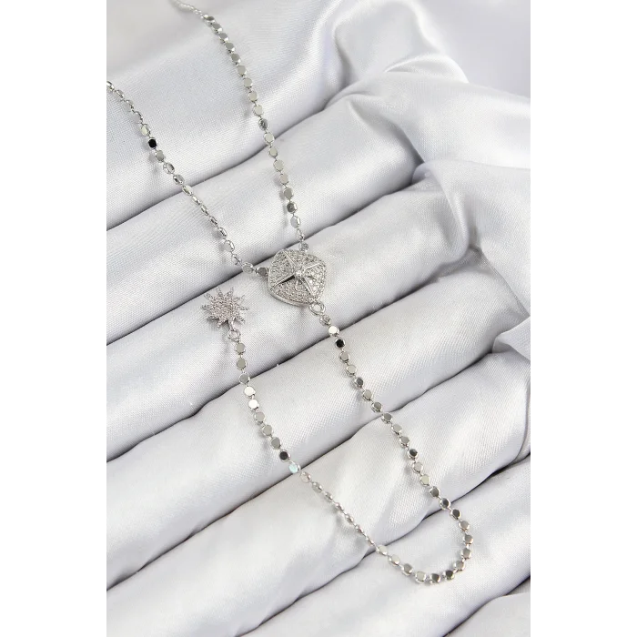 BUĞZ Pirinç Zirkon Taşlı Ezme Zincirli Madalyon Model Gümüş Renk Y Kolye