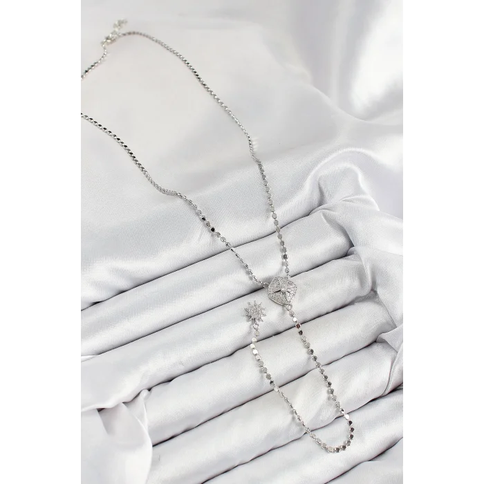 BUĞZ Pirinç Zirkon Taşlı Ezme Zincirli Madalyon Model Gümüş Renk Y Kolye