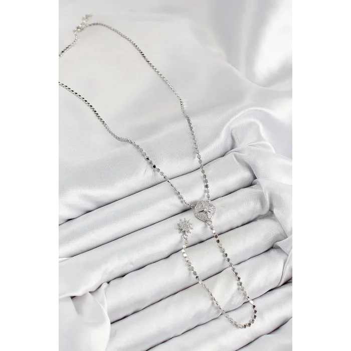 BUĞZ Pirinç Zirkon Taşlı Ezme Zincirli Madalyon Model Gümüş Renk Y Kolye - Lisinya