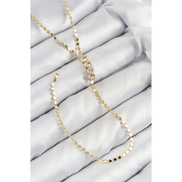 BUĞZ Pirinç Zirkon Taşlı Ezme Zincirli Model Gold Renk Y Kolye