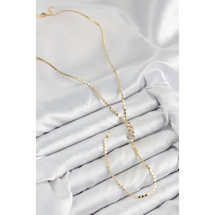 BUĞZ Pirinç Zirkon Taşlı Ezme Zincirli Model Gold Renk Y Kolye
