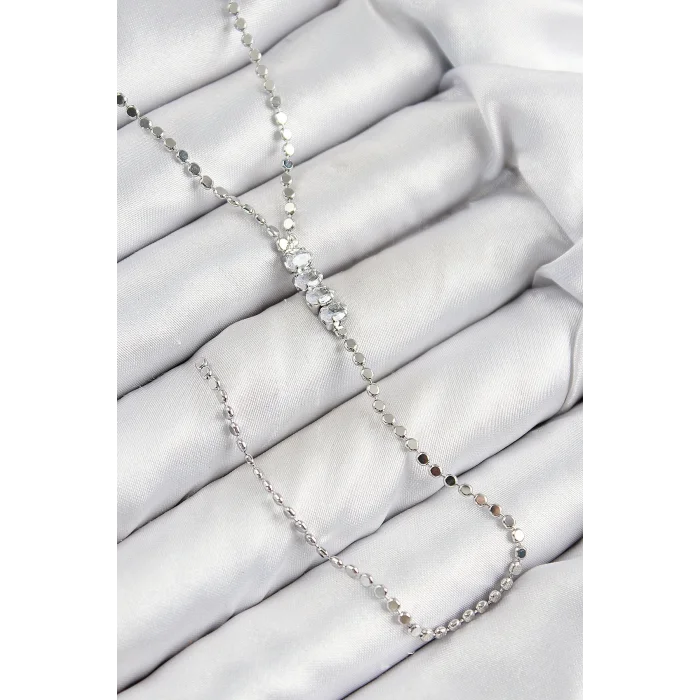 BUĞZ Pirinç Zirkon Taşlı Ezme Zincirli Model Gümüş Renk Y Kolye