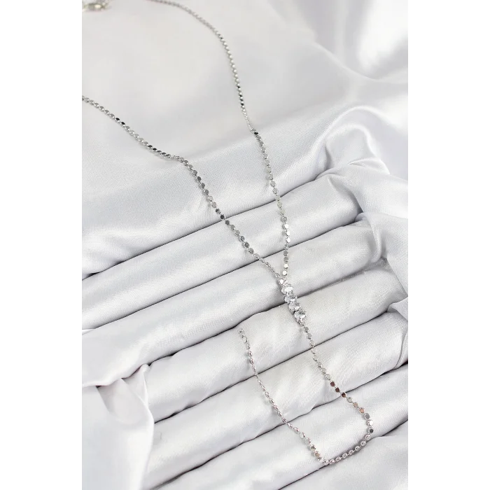 BUĞZ Pirinç Zirkon Taşlı Ezme Zincirli Model Gümüş Renk Y Kolye - Lisinya