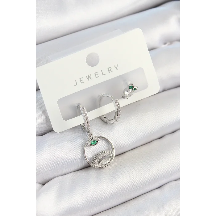 BUĞZ Pirinç Zirkon Taşlı Göz Ve Baykuş Model Gümüş Renk 3lü Çift Kadın Küpe Set